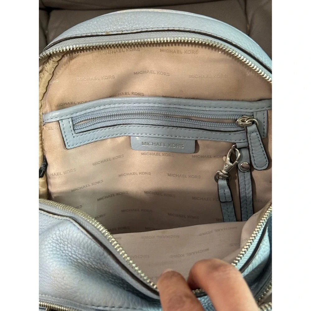 Michael Kors Pale Blue Leather Backpack Double Zip Front‎ Pocket